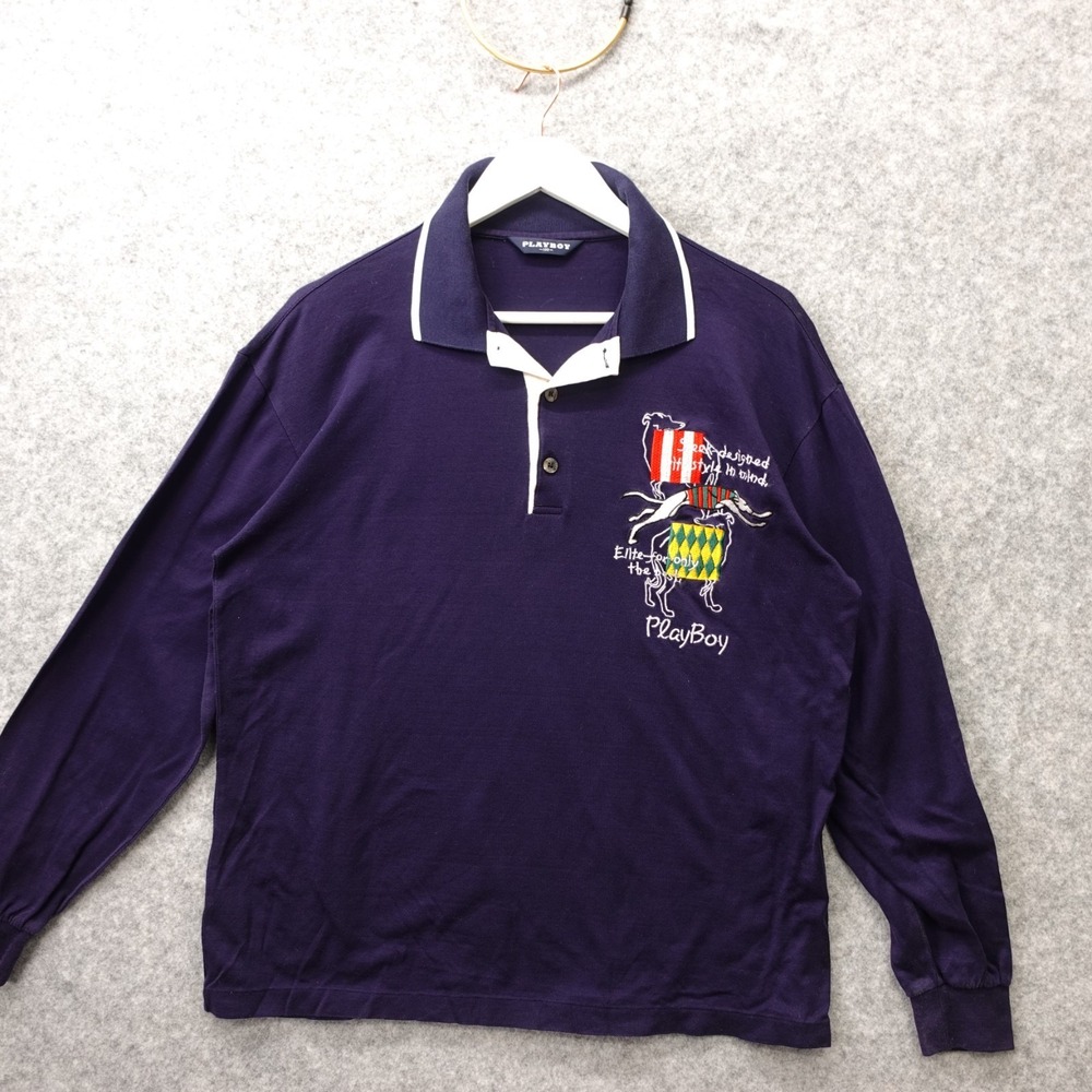 Pique Knit Polo Shirt Womens L Navy Blue PLAYBOY Oversized Boxy Embroidered Y2K